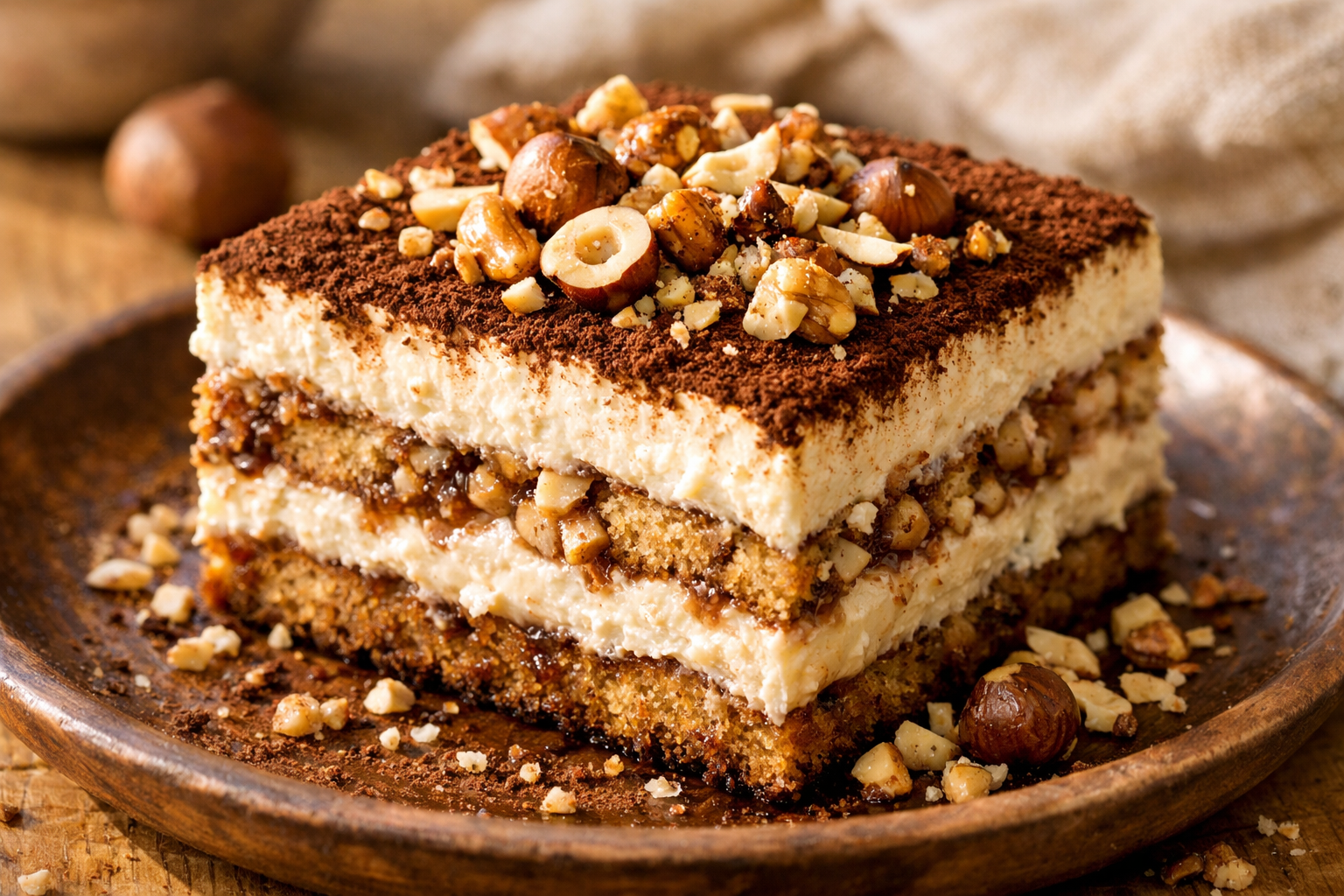Slice of tiramisu dessert layered with cream, coffee-soaked cake, cocoa powder, and hazelnut pieces