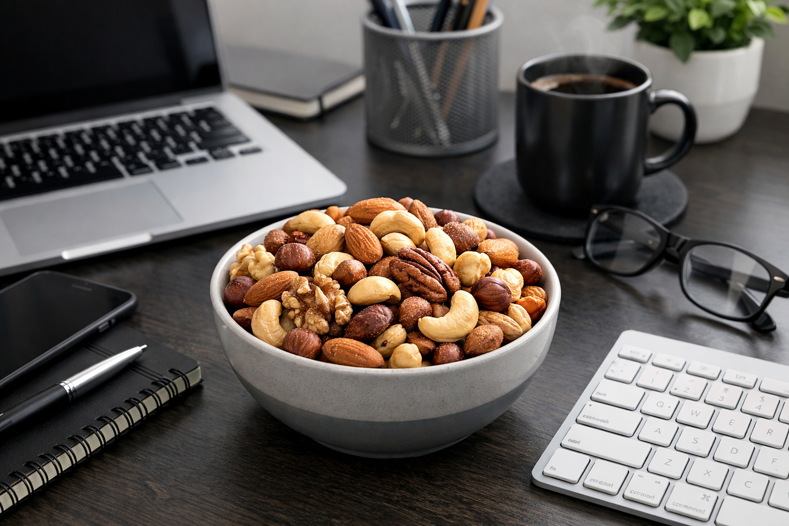 Bowl of mixed nuts on desk near laptop, coffee cup, glasses, and keyboard